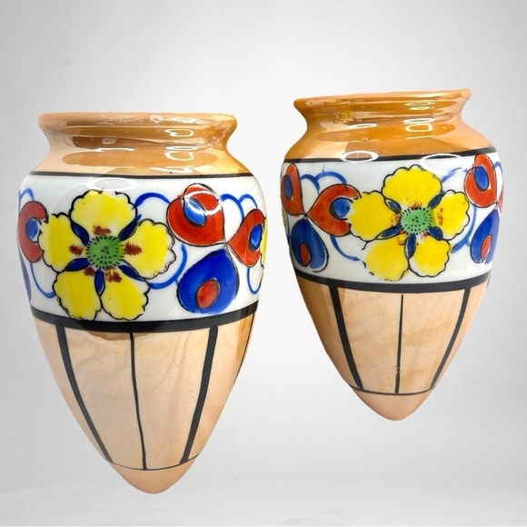 Vintage Wall Pockets ART DECO Lusterware Flowers Hand Decorated Japan 1930s - Picture 1 of 6